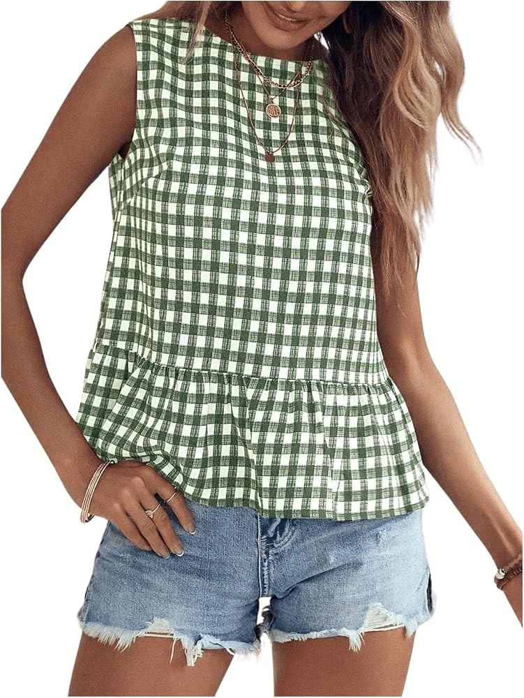 Floerns Women's Gingham Print Sleeveless Round Neck Ruffle Hem Peplum Blouse Top | Amazon (US)
