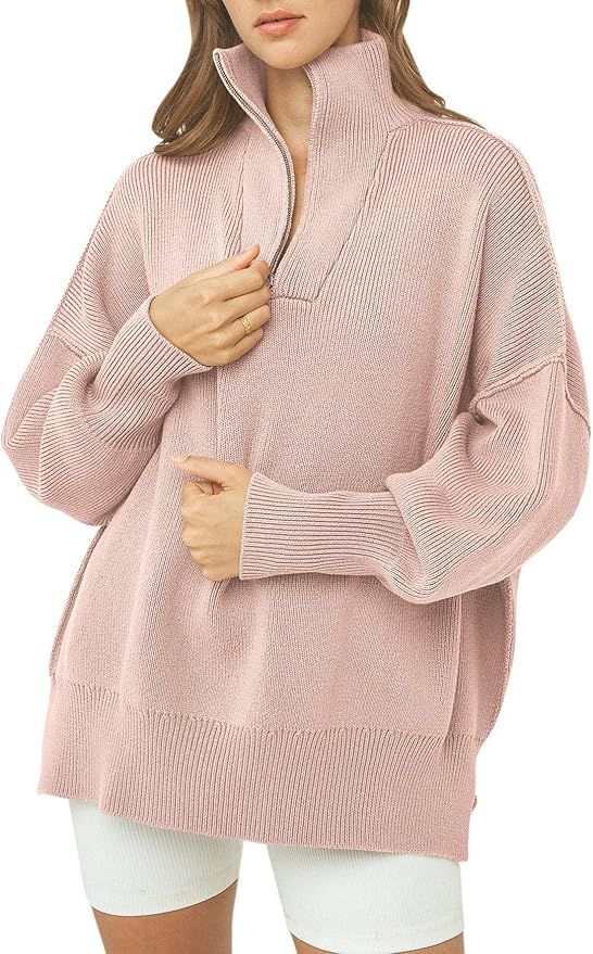 Prinbara Women's Long Sleeve 1/4 Zipper Drop Shoulder Oversized Slouchy Ribbed Knit Sweatshirt Pu... | Amazon (US)