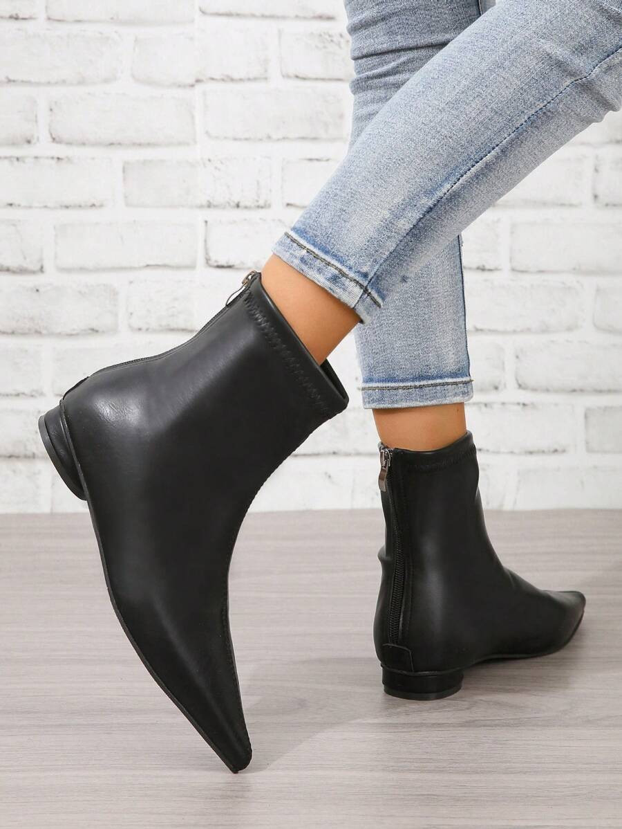 British Style Vintage Black Ankle Boots For Women, Pointed ToeChunky Heel, Fashion Match Pants, S... | SHEIN