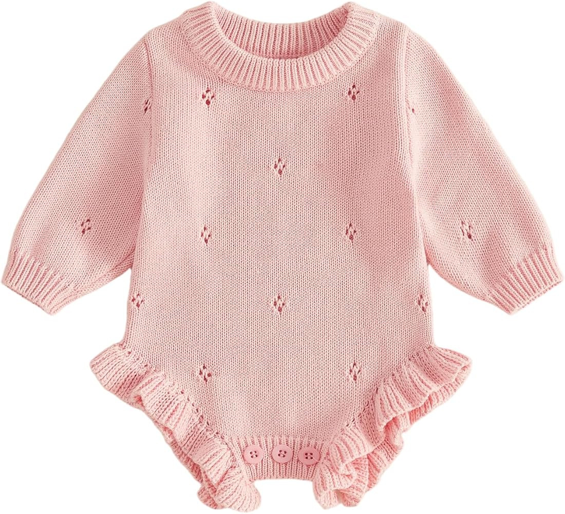 Newborn Infant Baby Girl Knit Sweater Romper Ruffle Bodysuit Winter Clothes | Amazon (US)