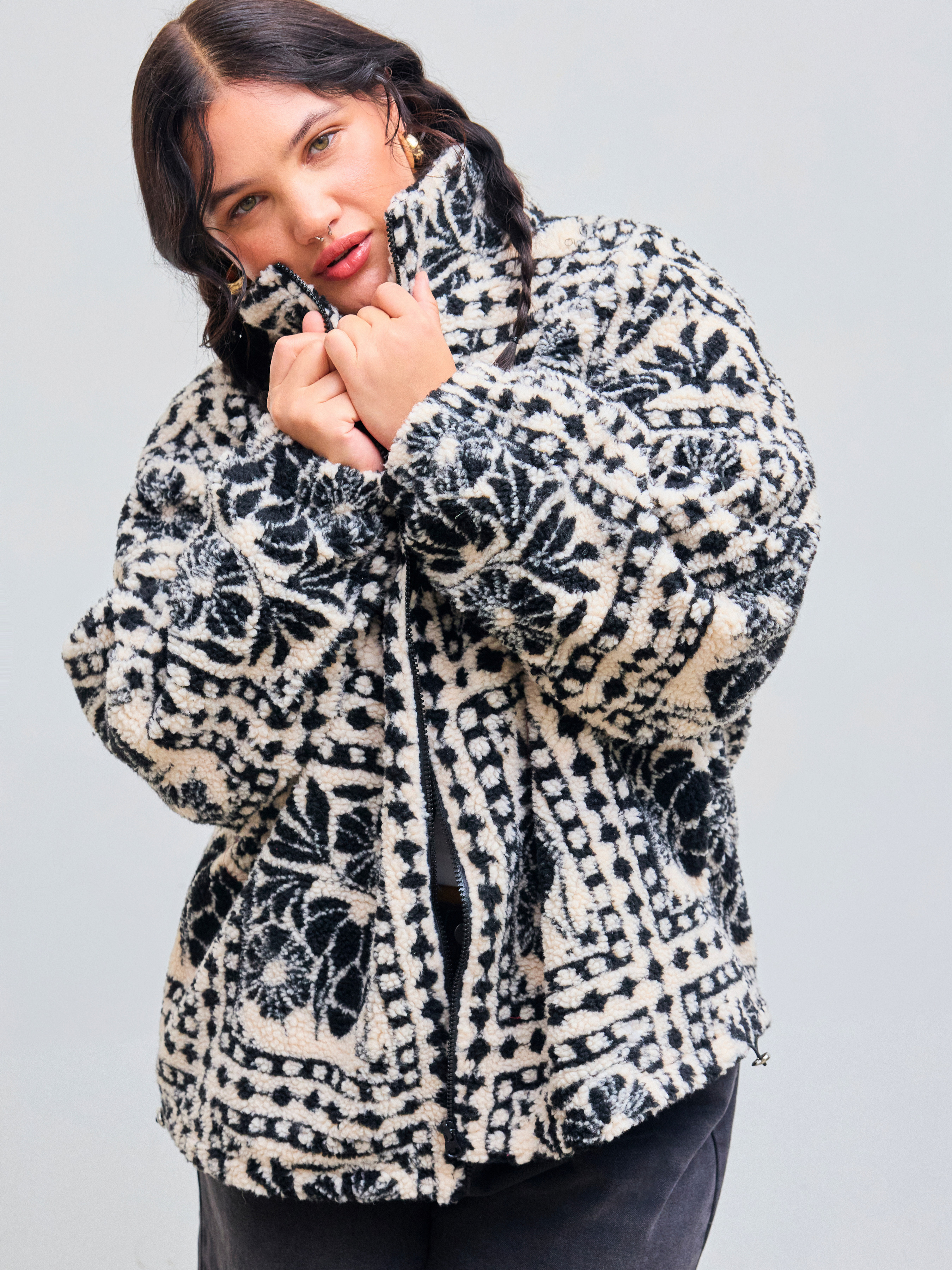 Fleece Fleece Stand Collar Abstract Drawstring Pocket Oversized Jacket Curve & Plus For Daily Cas... | Cider