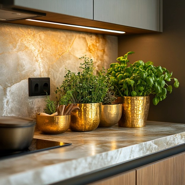 An instant way to elevate your kitchen? Add metal planters. The warmth of gold paired with fresh greenery gives your space a quiet-luxury glow that feels clean, modern, and beautifully styled — without a full remodel. A simple update that makes your kitchen look intentionally designed. #QuietLuxuryHome
#ModernKitchen
#CozyKitchen
#MinimalistDecor
#GoldAccents
#KitchenInspo 

 #LTKHome #LTKFindsUnder50 #LTKFindsUnder100