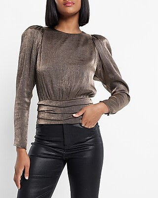 Metallic Crew Neck Puff Sleeve Banded Bottom Top | Express