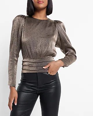 Metallic Crew Neck Puff Sleeve Banded Bottom Top | Express