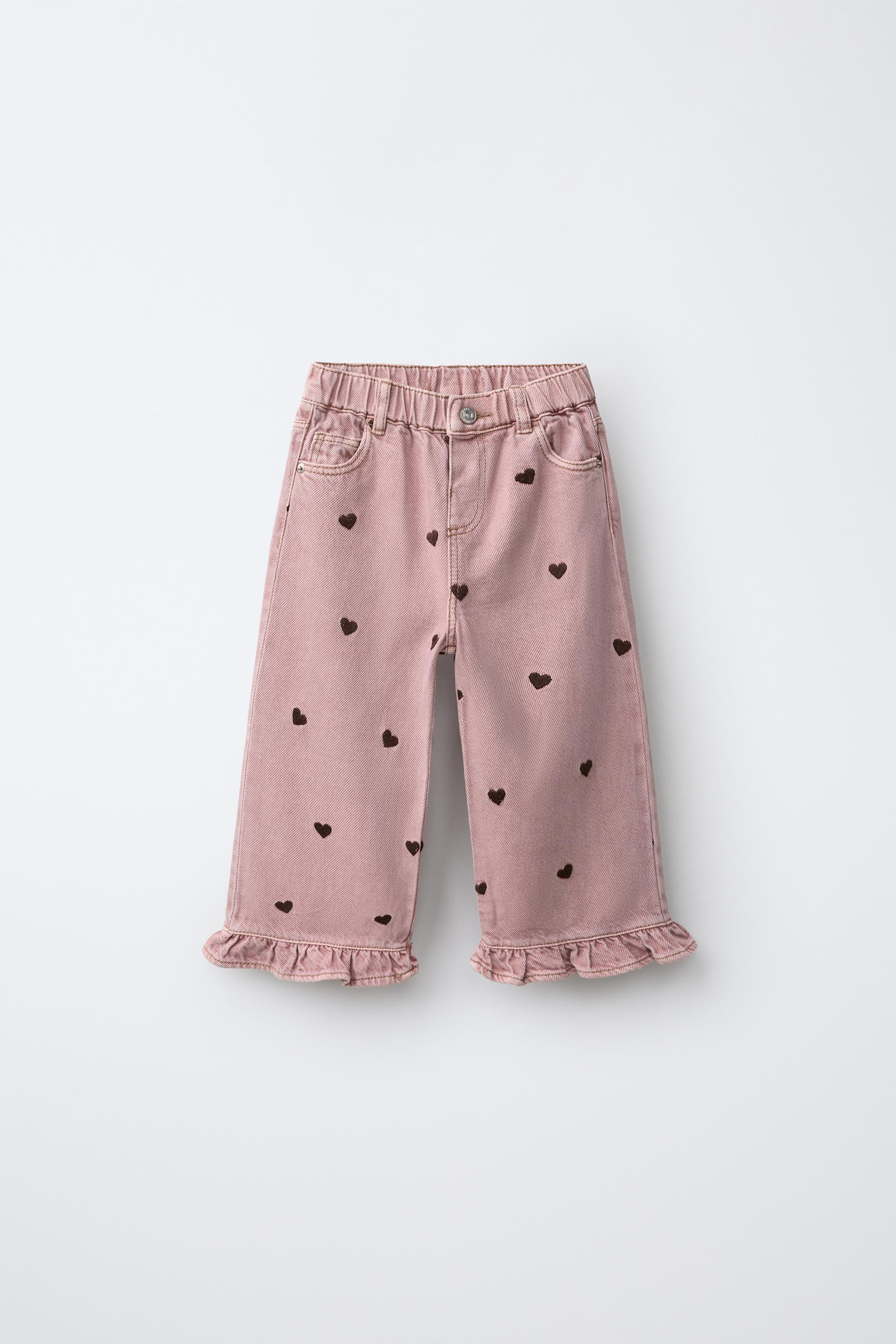 Zara - Embroidered Heart Ruffle Culotte Jeans - Dusty Pink - 4 Years (40,9 Inches) - Kids | Zara US