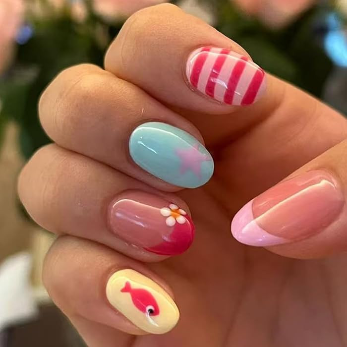 Summer Press on Nails Medium Oval Fake Nails Cute Beach Nails Press ons with Fish & Striped Desig... | Amazon (US)