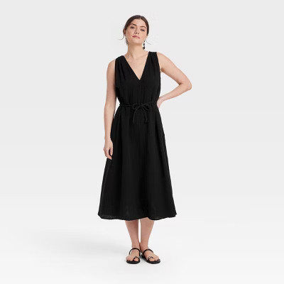 Women's Belted Gauze Midi A-Line Dress - Universal Thread™ Black XL | Target