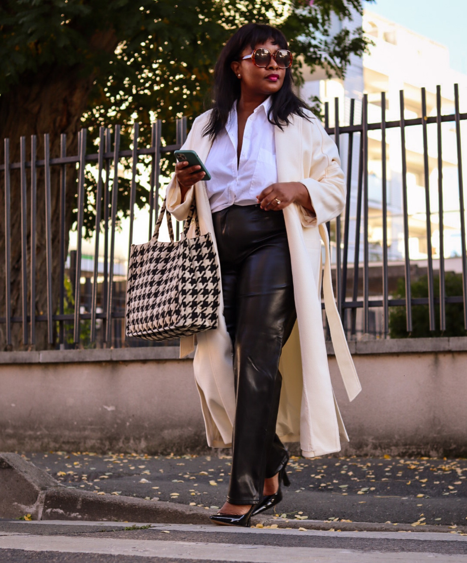 Casual chic office look : oversize shirt , oversize wool coat, faux leather black pants , black shiny heels and houndstooth maxi tote bag 

#styledbyKyzané #midsizestyle #casualchic #officewear 

#LTKSeasonal #LTKeurope #LTKcurves