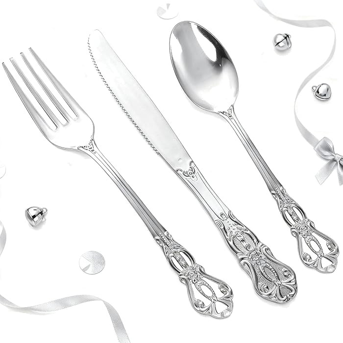 150PCS Silver Plastic Silverware - Heavy Duty Silver Disposable Cutlery - Fancy Plastic Utensils ... | Amazon (US)