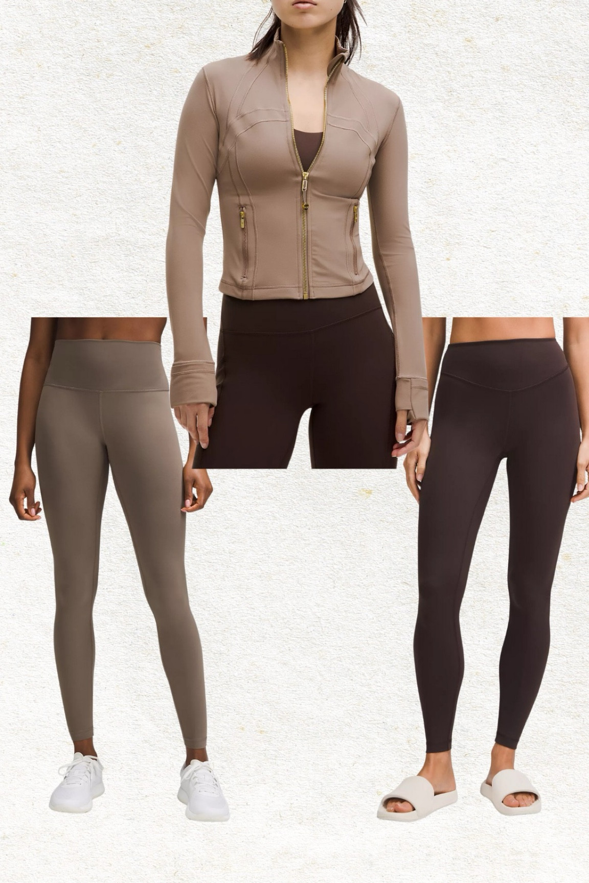 Lululemon neutral style 
Brown leggings 
Define cropped jacket 
Taupe/gold jacket 
Athletic style 
Athletic neutrals 
Fall style 
Lululemon new arrivals 

#LTKFitness #LTKStyleTip