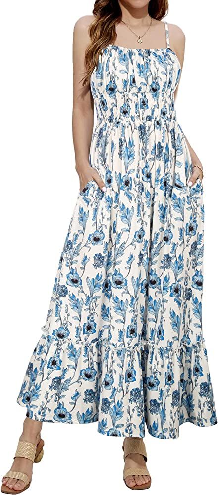 GRACE KARIN Womens 2024 Summer Maxi Dress Casual Sleeveless Spaghetti Strap Smocked Ruffle Long D... | Amazon (US)