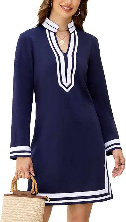 YEXPINE Women's Color Block Shift Mini Dress Long Sleeve V Neck Casual Tunic Dress | Amazon (US)