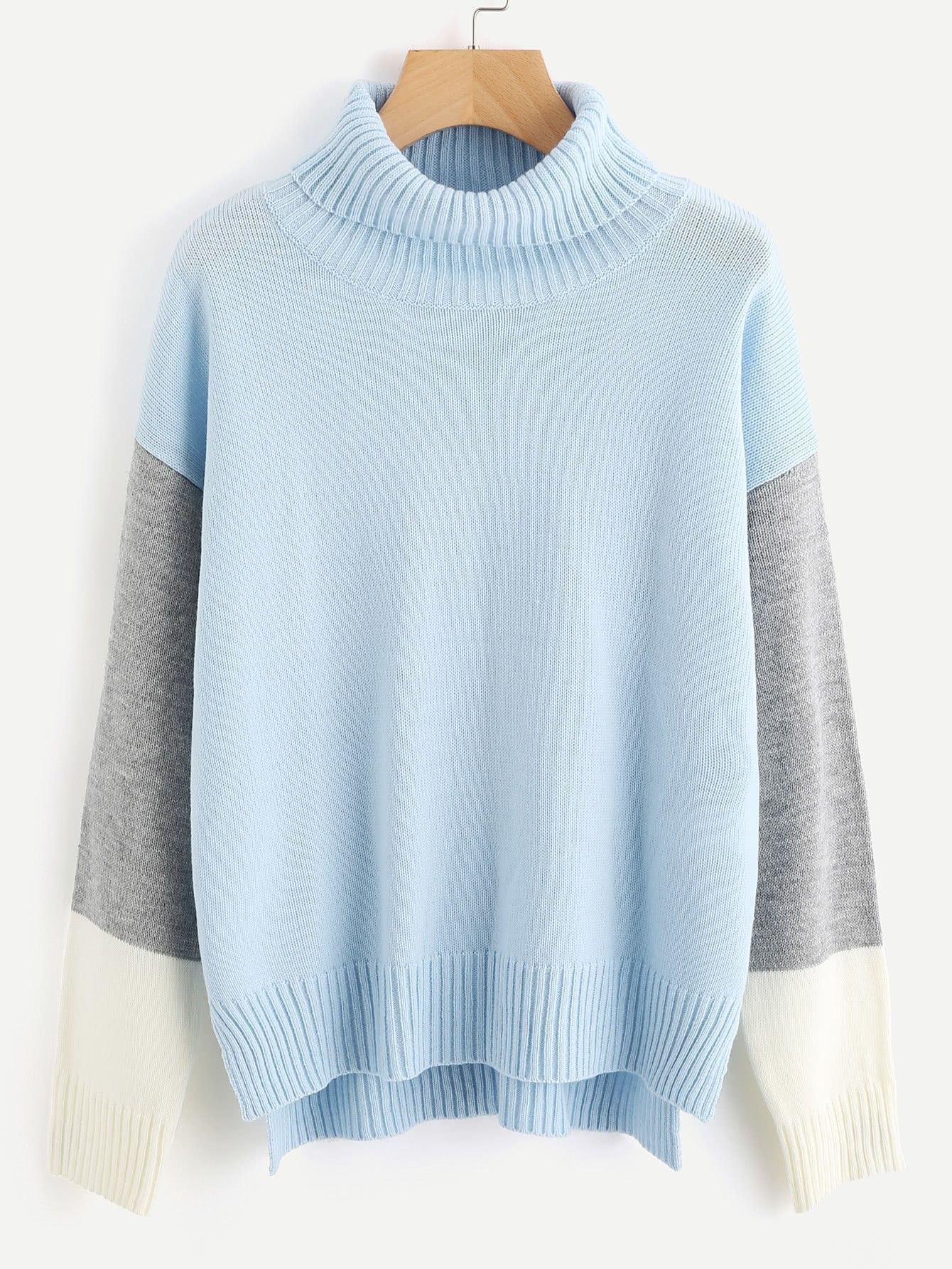Roll Neck Color Block Staggered Jumper | SHEIN