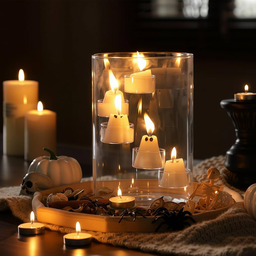 Halloween Glass Hurricane Candle Holder with 8 Ghost Candles and 5 Tea Light Clear Cylinder Pilla... | Amazon (US)