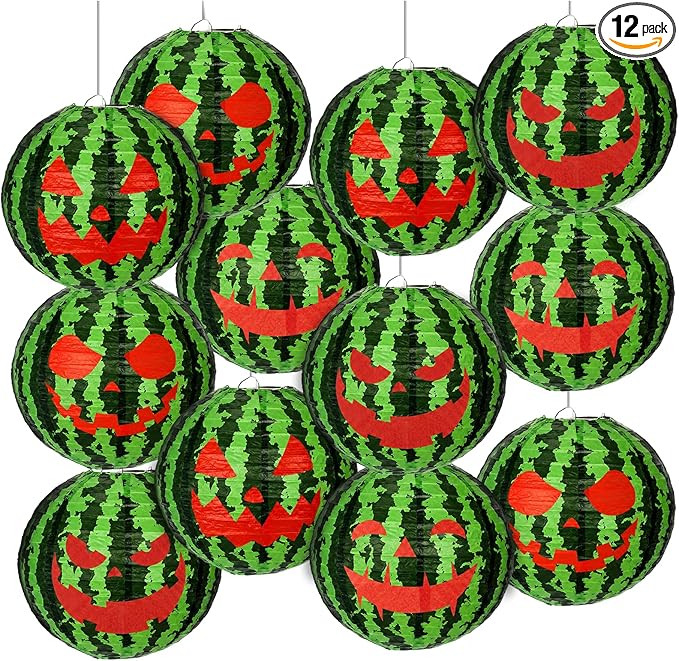 Baquler 12 Pcs Summer Halloween Paper Lanterns Decorations Watermelon Beach Pool Lanterns, 8 Inch... | Amazon (US)