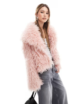 The Frolic x Bella Stovey exclusive oversized collar mongolian faux fur jacket in pink   | ASOS | ASOS (Global)