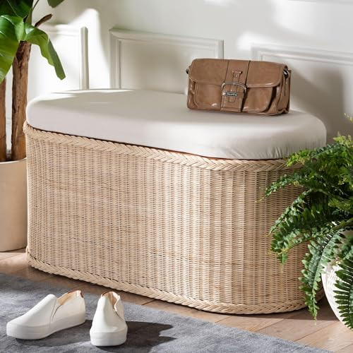 Bali & pari Barid Braided Natural Rattan Storage Bench with Cushioned Lift-Top Lid – Coastal Boho Style Chest for Bedroom, Entryway, or Living Room Organization, Natural, 39" Oval | Amazon (US)