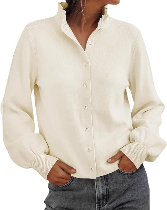 Cicy Bell Womens Puff Long Sleeve Cardigan Sweaters Ruffle Collar Knit Tops | Amazon (US)