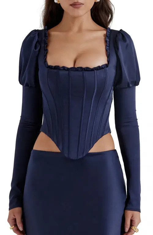 HOUSE OF CB Dana Puff Sleeve Corset Top in Navy at Nordstrom, Size X-Small | Nordstrom