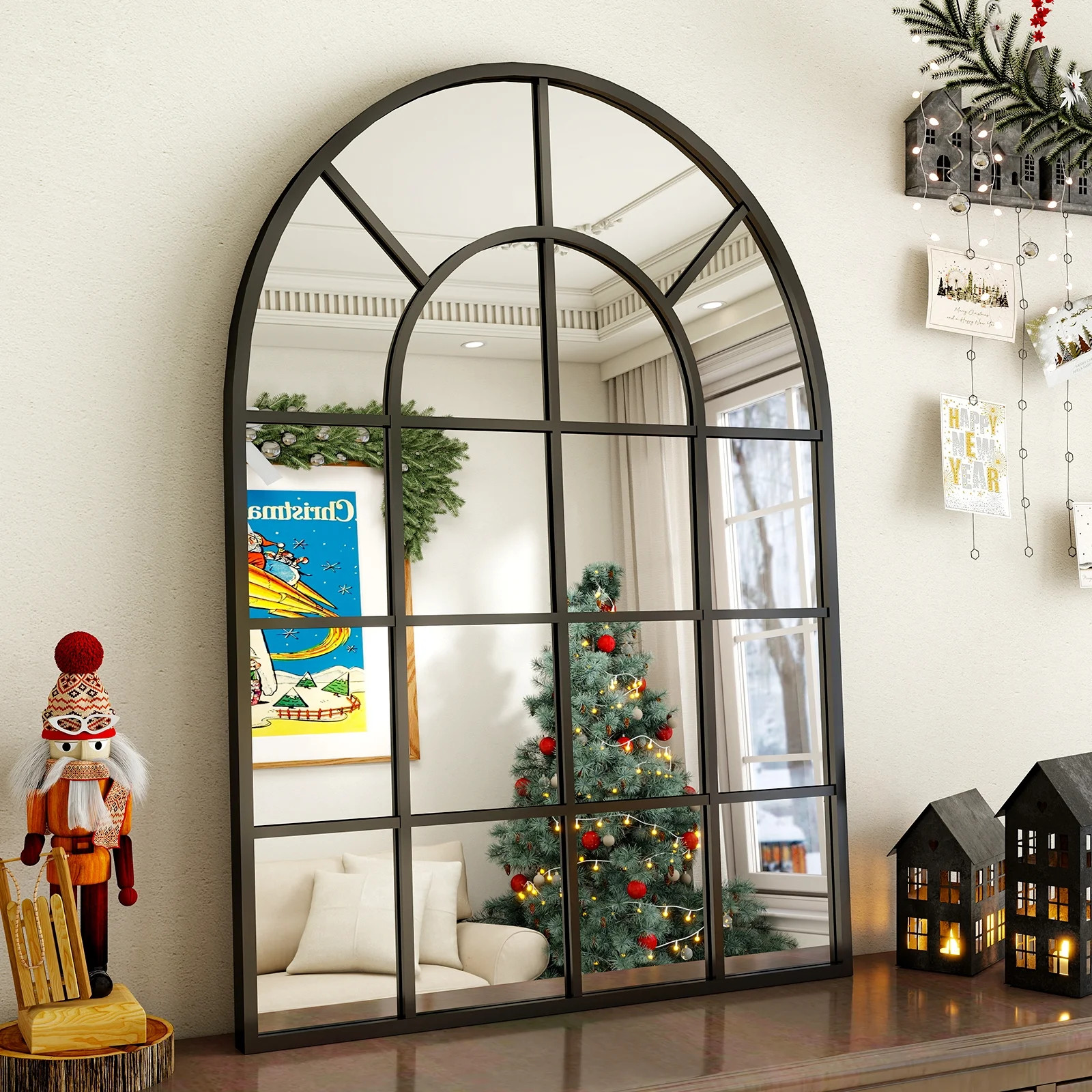 BEAUTYPEAK 36" x 24" Arched Windowpane Mirror Decor Wall Mirror, Black - Walmart.com | Walmart (US)