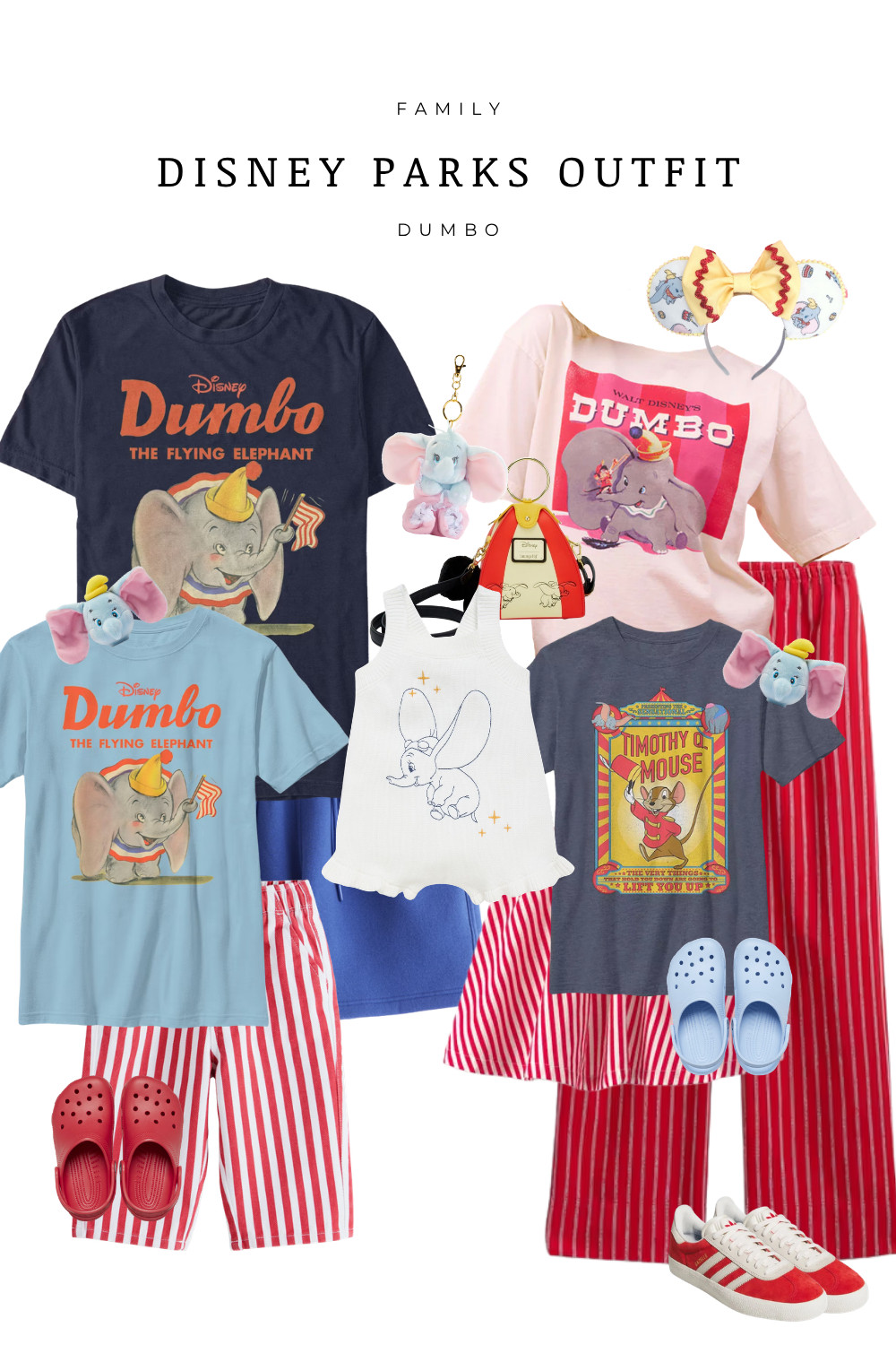 Family Disney Parks Dumbo outfit ideas with matching graphic tees, red stripe sets, and comfortable park shoes for a coordinated look. Perfect for Disneyland or Disney World days, character meet and greets, and warm weather park style. Shop these Dumbo-inspired outfits for mom, dad, and kids.

#LTKKids #LTKTravel #LTKootd