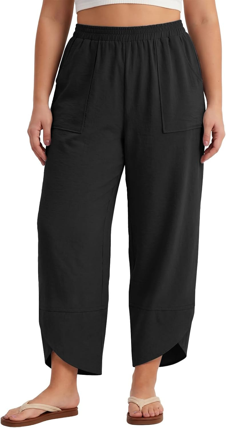 Feiersi Women's Plus Size Pants Elastic Waisted Casual Palazzo Harem Pants Casual Trousers with Pockets | Amazon (US)