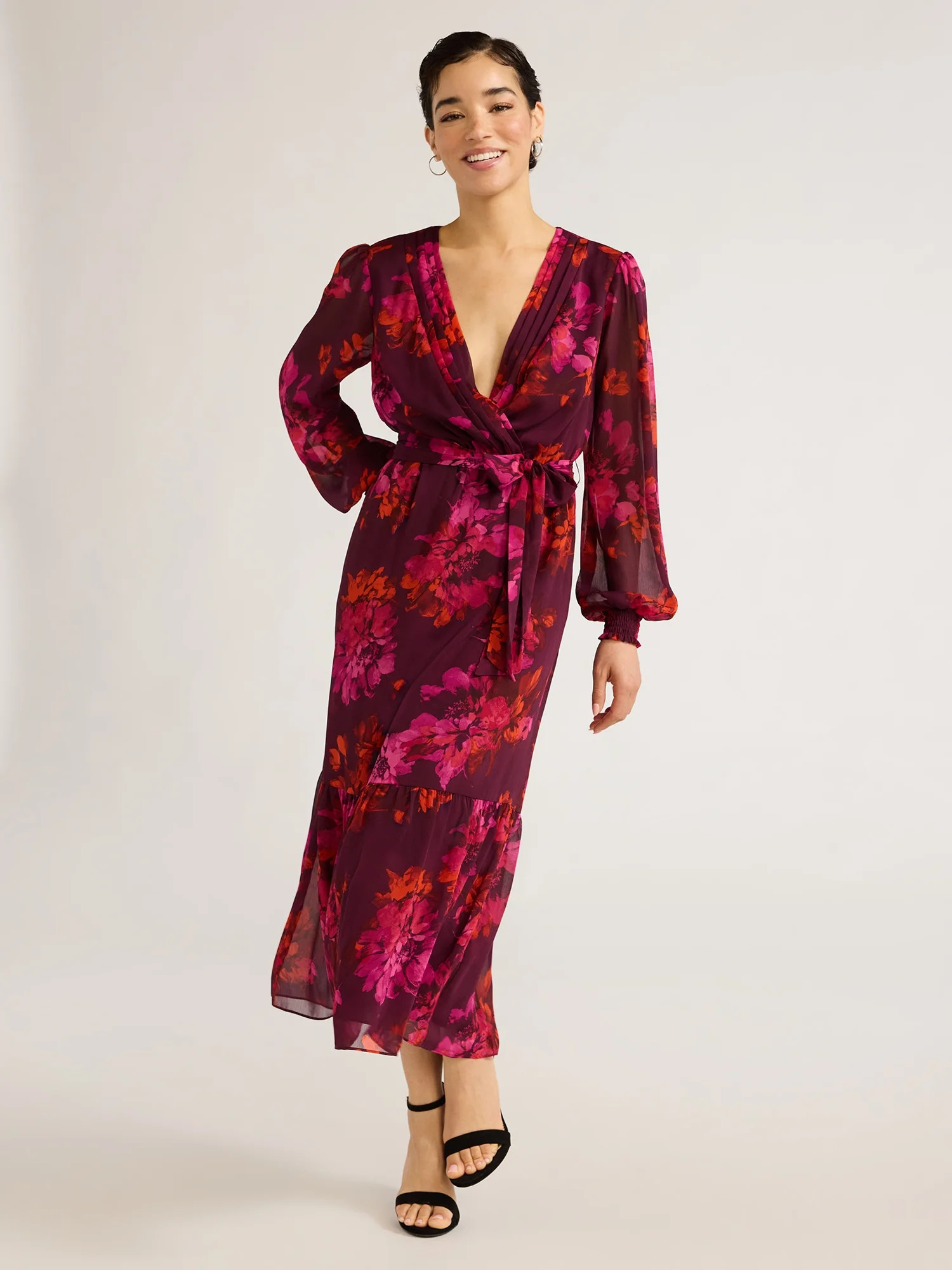 Sofia Jeans Women's Belted Cross Front Maxi Dress with Long Sleeves, Above Ankle Length, Sizes XS... | Walmart (US)