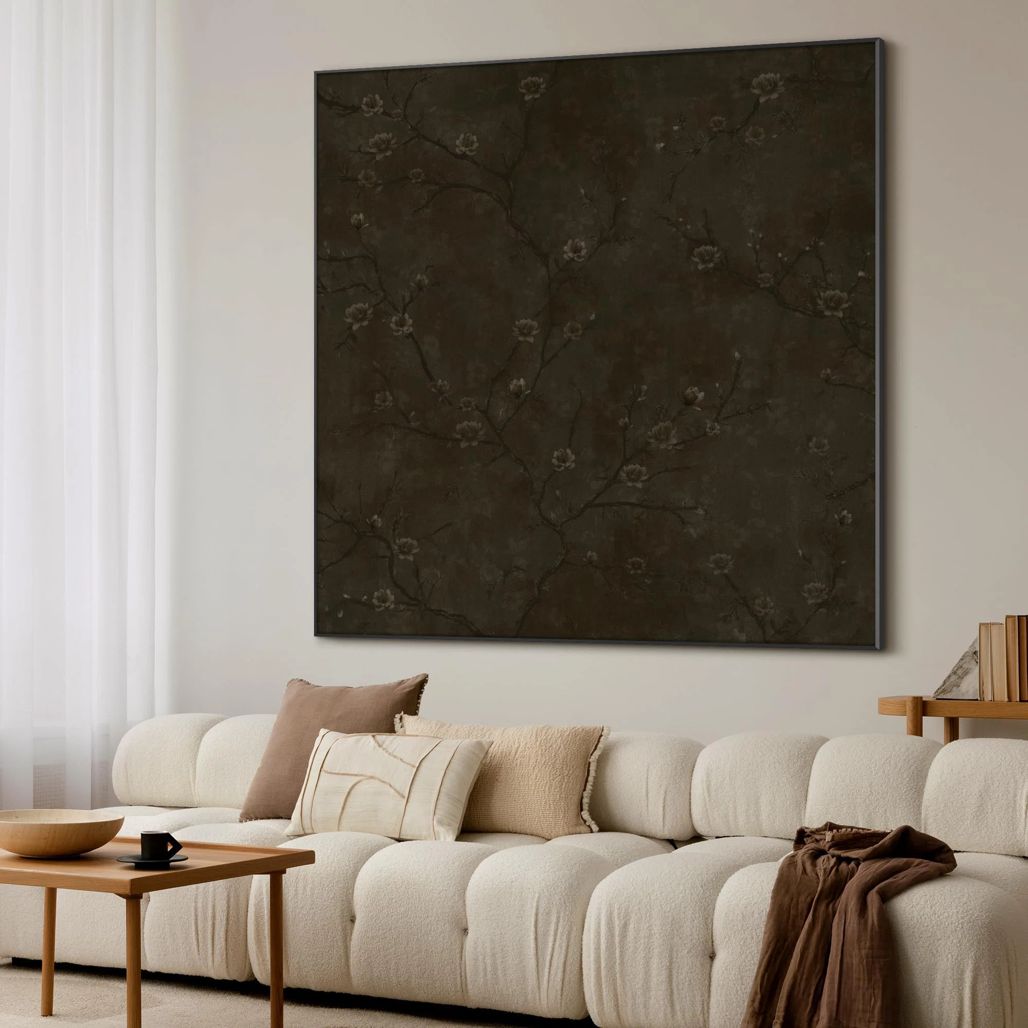 Extra Large Wall Art Fabric Print - Dark Floral Branches on Brown Artwork Decor for Living Room o... | Wayfair North America