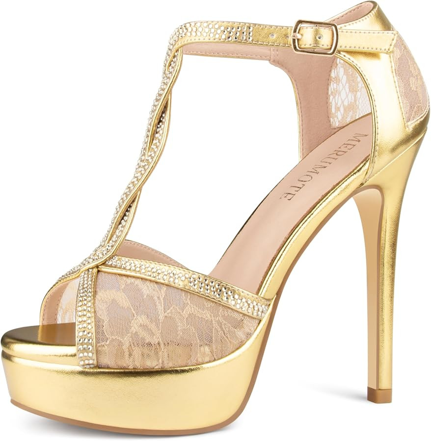 MERUMOTE Women's Peep Toe Platform 5 inch Stiletto Heels Ankle Strap Lace Heels Sexy Prom Shoes | Amazon (US)