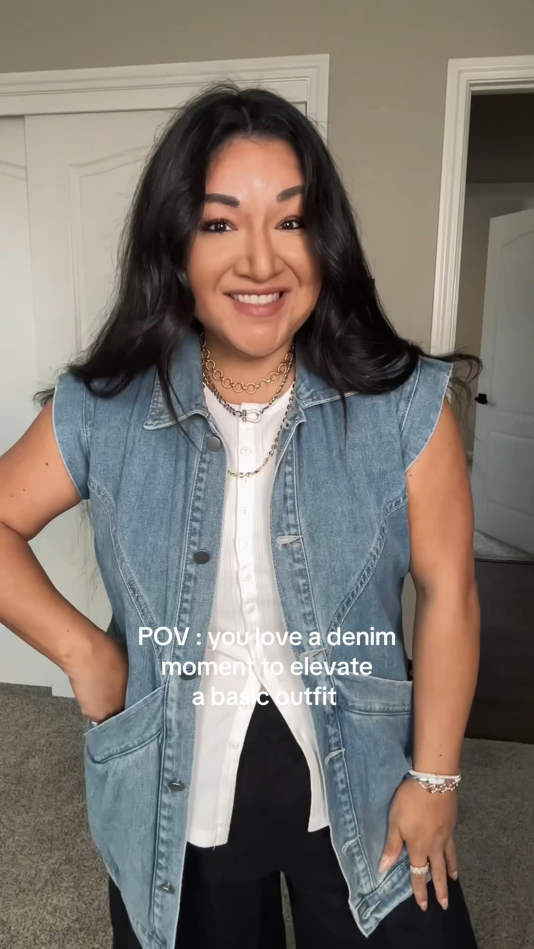 Top- size large and fits true to size 

Cap sleeve denim Vest - size medium and fits not oversized , can do large for more oversized look 

Pants - medium and stretchy waist , fits oversized / runs big 

Studded  black denim jacket - large and true to size 

Denim vest blue - size large , runs a bit small. If you want to button up all the way I would size up a bit 

#LTKMidsize #LTKootd