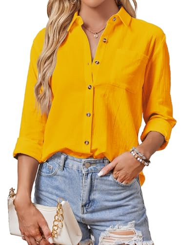 AXUIOKRY Yellow Button Down Shirt Women Button Up Blouse Women Texture Gauze Tops with Pocket Yellow M | Amazon (US)