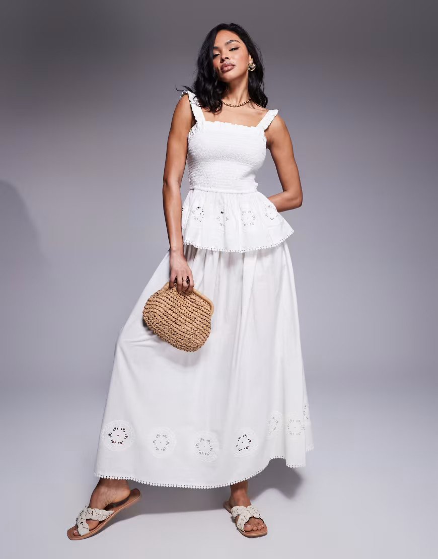 ASOS DESIGN Angie cotton poplin broderie beach maxi skirt in cream-White | ASOS (Global)