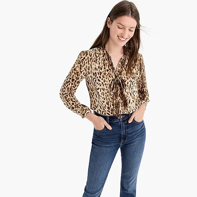 Tie-neck button-up shirt in leopard print | J.Crew US