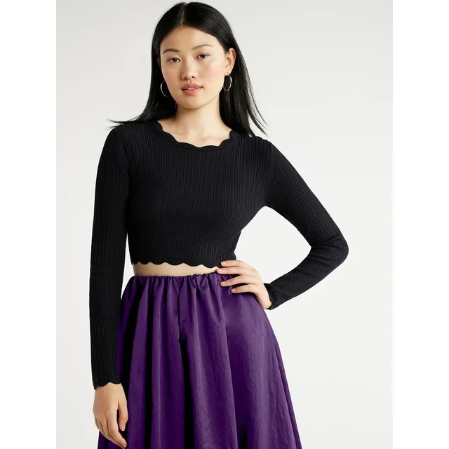 Scoop Women's Cropped Long Sleeve Crewneck Top with Scallop Trim, Sizes XS-XXL | Walmart (US)