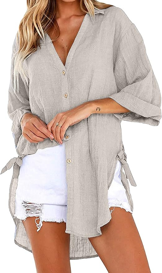 Zontroldy Women's High Low Shirt Oversized V Neck Button Down Shirt Tops Blouse | Amazon (US)