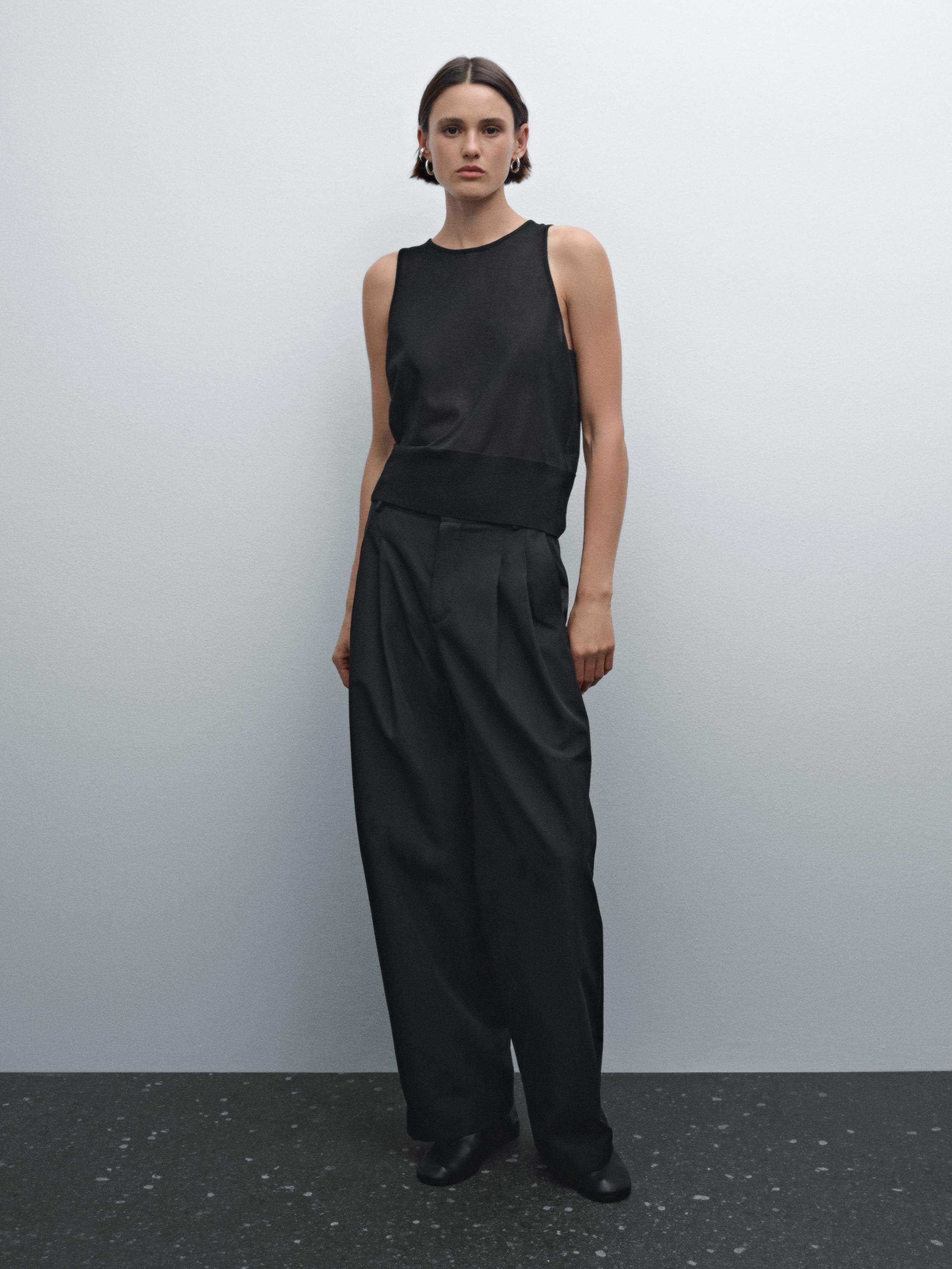 Wide-leg pleated cotton blend trousers | Massimo Dutti US