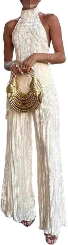 Women's Summer Casual Romper Set Sleeveless Hanging Neck Backless Elastic Waist Casual Pleated Pa... | Amazon (US)