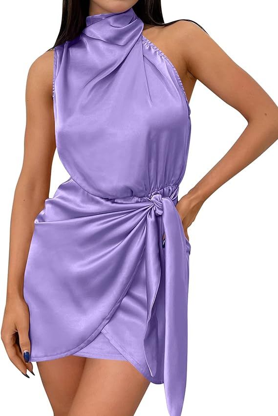 ZESICA Women's 2023 Fashion Satin Sleeveless Halter Neck Tie Waist Wrap Bodycon Cocktail Party Mi... | Amazon (US)