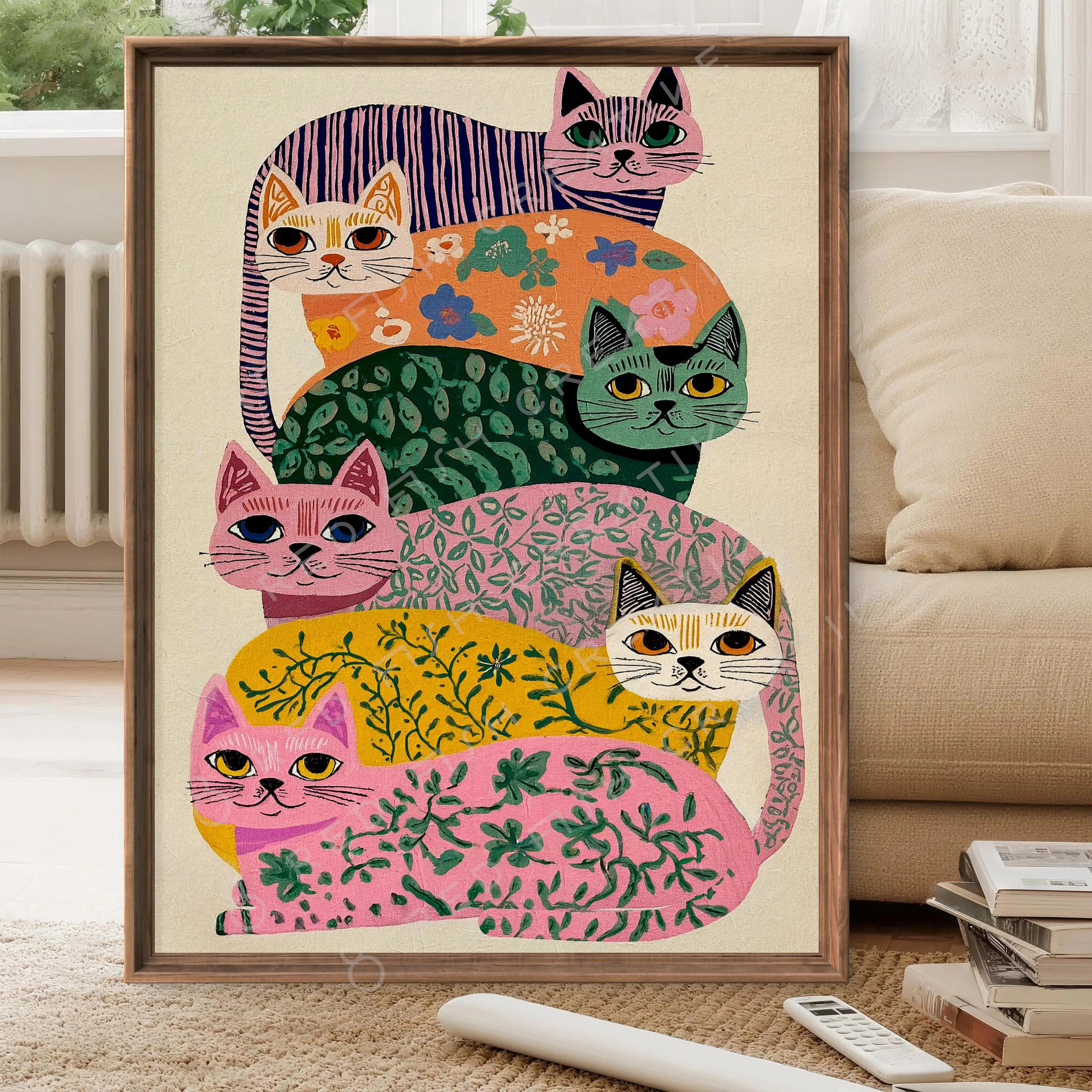 Colorful Mid-century Cat Art Print \u2013 Whimsical Floral Cats Poster - Retro Boho Wall Decor - Sold UNFRAMED #811 - Etsy | Etsy (Global)