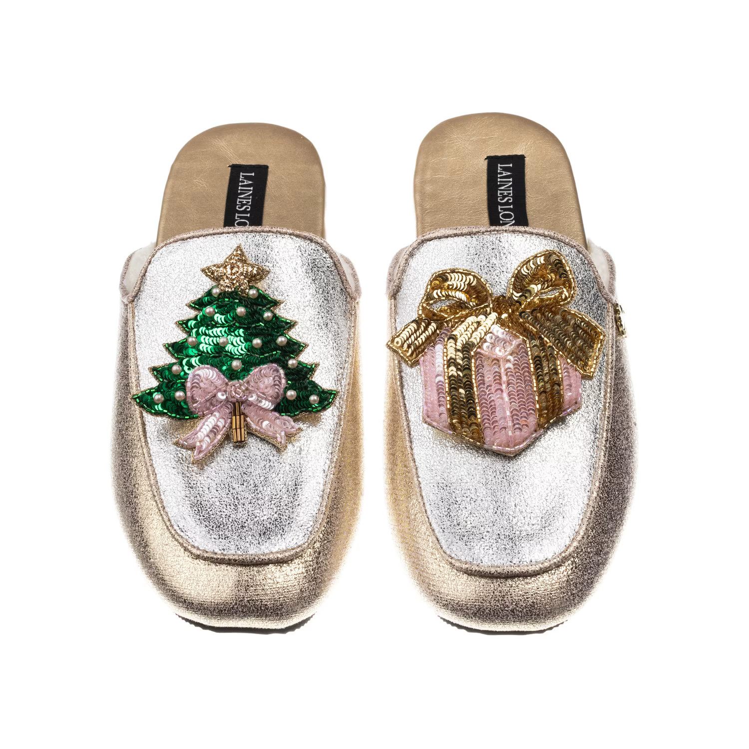 Classic Mules With Christmas Tree & Gift Brooches - Silver & Gold | Wolf & Badger
