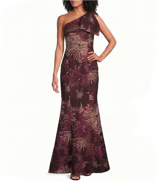 One Cascading Ruffle Shoulder Metallic Brocade Long Trumpet Dress | Dillard's