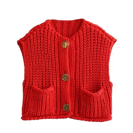 Women s Red Sleeveless Button-Up Crochet Button Down Crop Tops Knit Sweater Vest Cropped Chunky Cardigan Trendy Knit Vest Top Medium Size | Walmart (US)