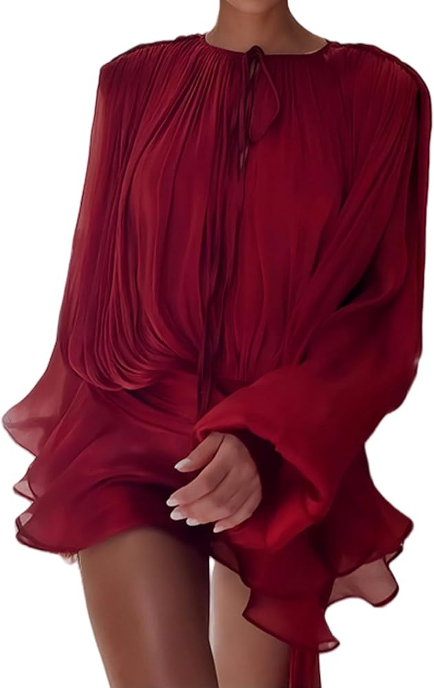 Amazon.com: NIFTRIRY Two Piece Skirt Set for Women Long Sleeve Crew Neck Button Ruffle Elegant Dress Tops with Shorts Sexy Party Wear | Amazon (US)