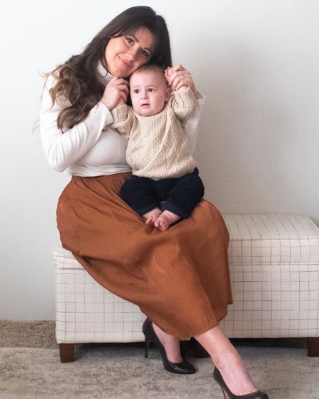 Easy outfit for a family NYE. Midi skirt outfit. Neutral baby outfit. Neutral baby sweater

#LTKbaby #LTKfamily #LTKHoliday