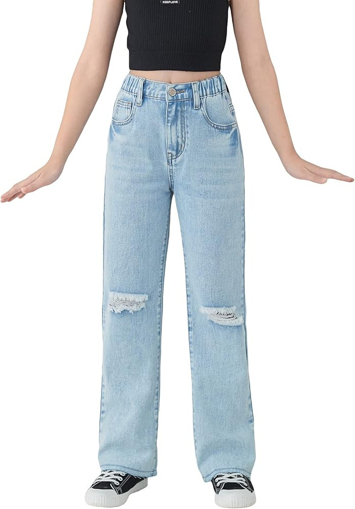 Floerns Girls Colorblock High Waist Ripped Jeans Destroyed Denim Pants | Amazon (US)