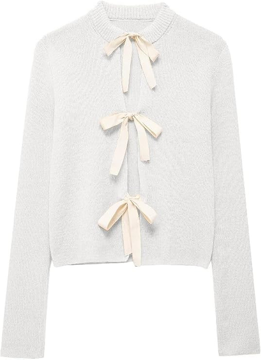 Tie Front Cardigan Sweaters for Women Y2K Bow Tie Open Front Cardigans Crewneck Long Sleeve Sweat... | Amazon (US)