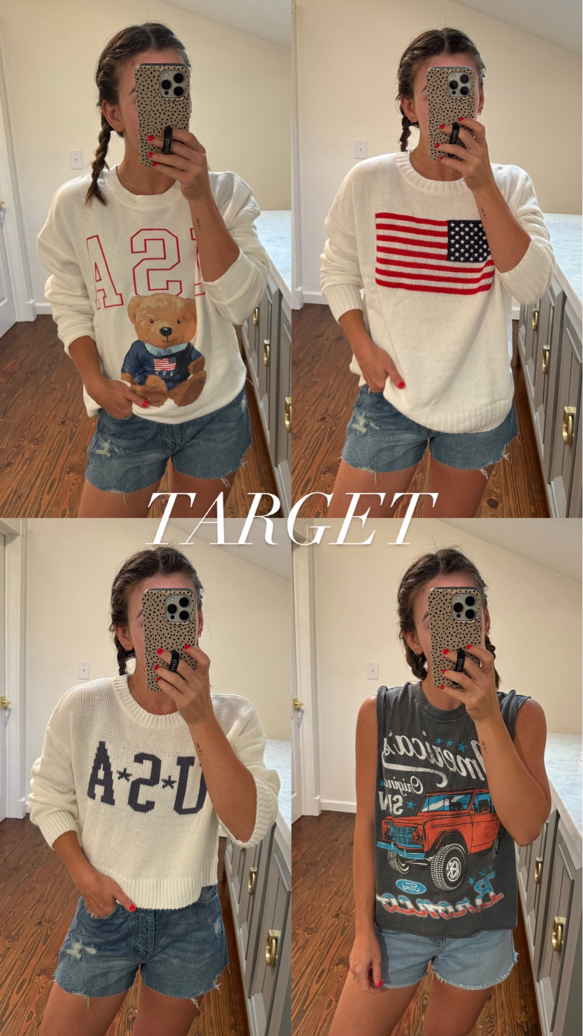 Target Memorial Dayand 4th of July summer outfit ideas 
Bear sweatshirt size XS-oversized fit
Flag sweater size small
USA sweater size small
Bronco tank size small
Denim shorts size 0

#target #usa #america #laurabeverlin  

#LTKSaleAlert #LTKFindsUnder50 #LTKFindsUnder100