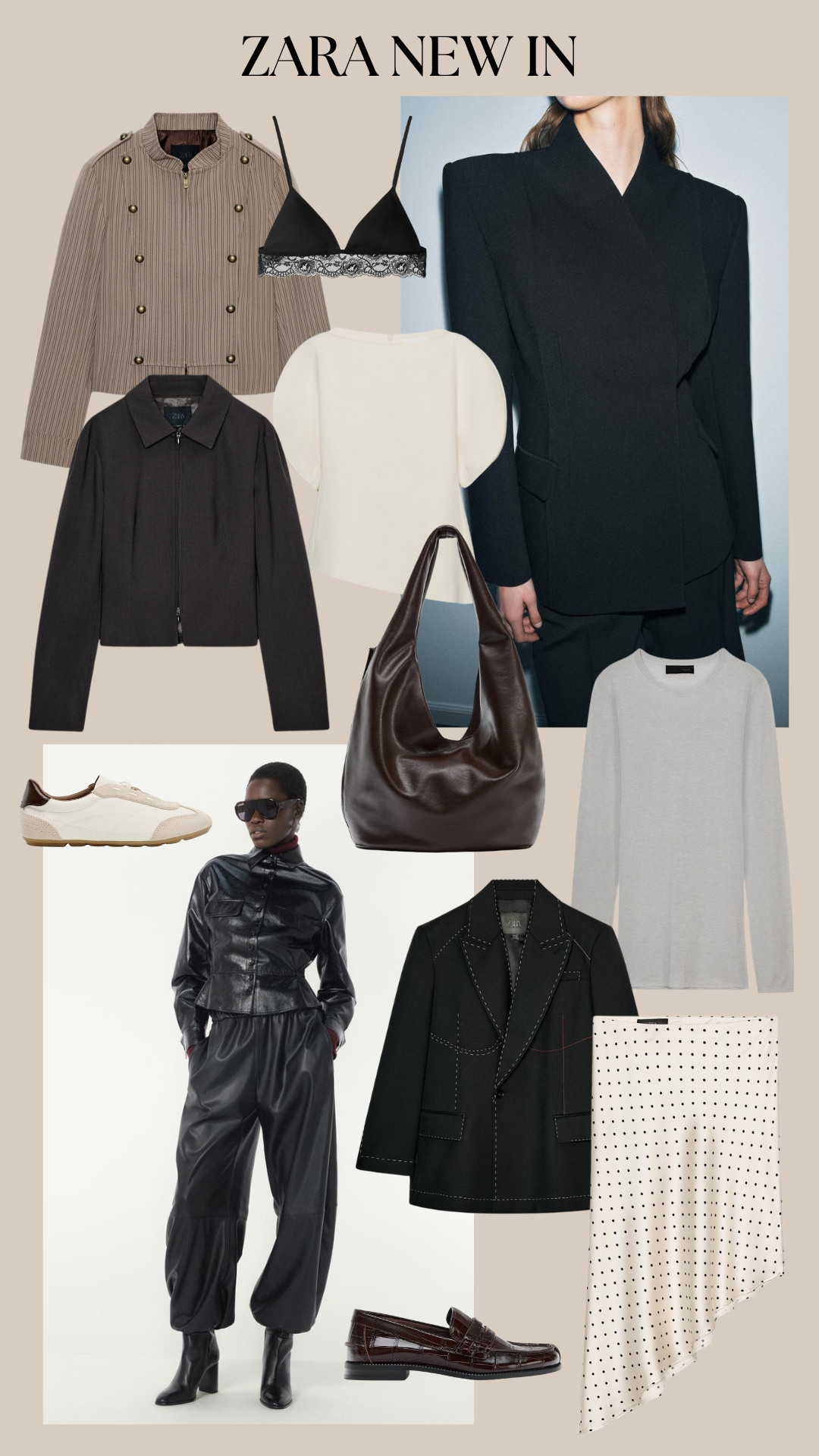 Zara New In Edit
Faux Leather, Tailoring, Black Blazer, Polka Dot Skirt, Loafers, Sneakers, Lace Bralette 

 #LTKuk #LTKwinter #LTKeurope