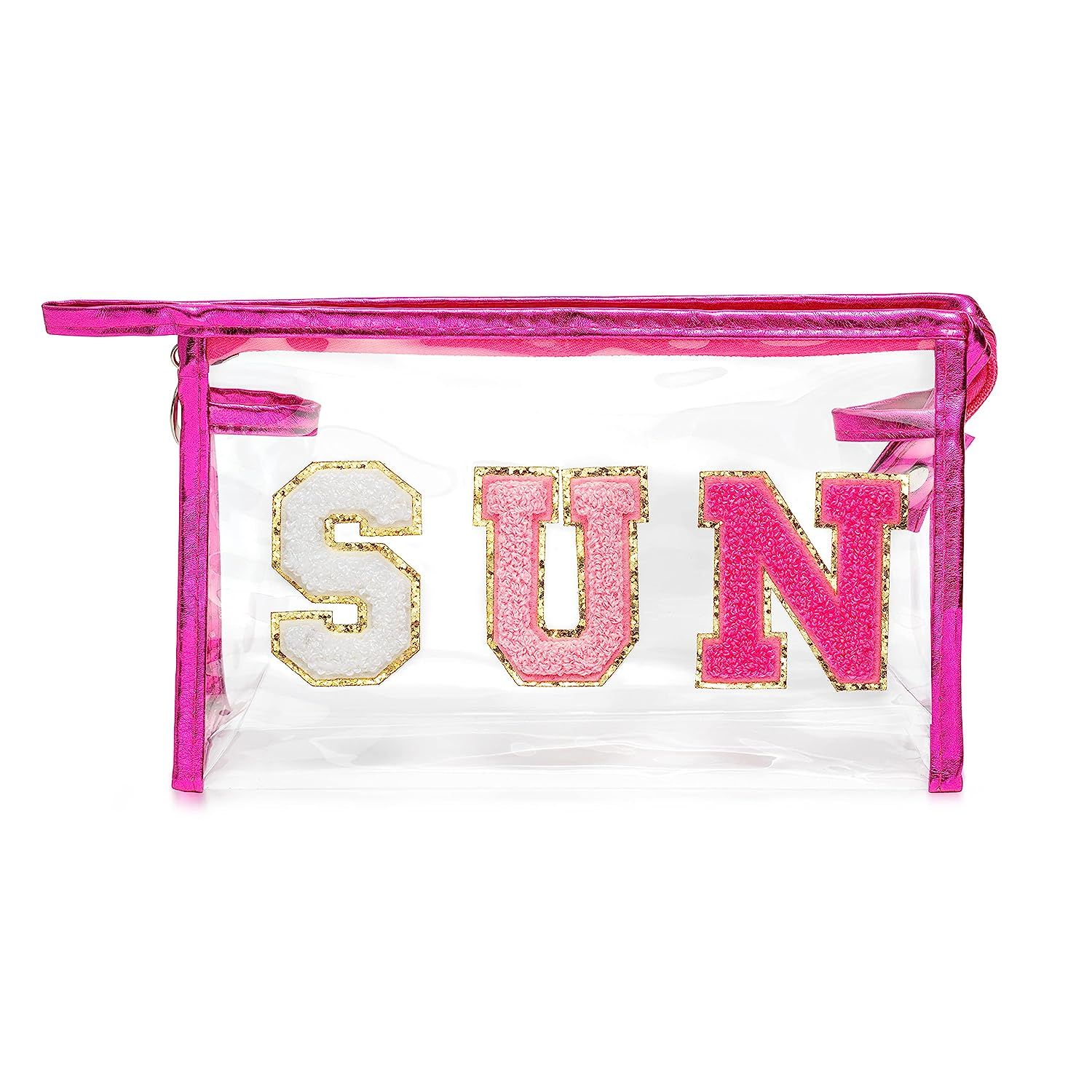 Y1tvei Preppy Patch SUN Varsity Letter Cosmetic Toiletry Bag Transparent PVC Zipper Makeup Bag Da... | Amazon (US)