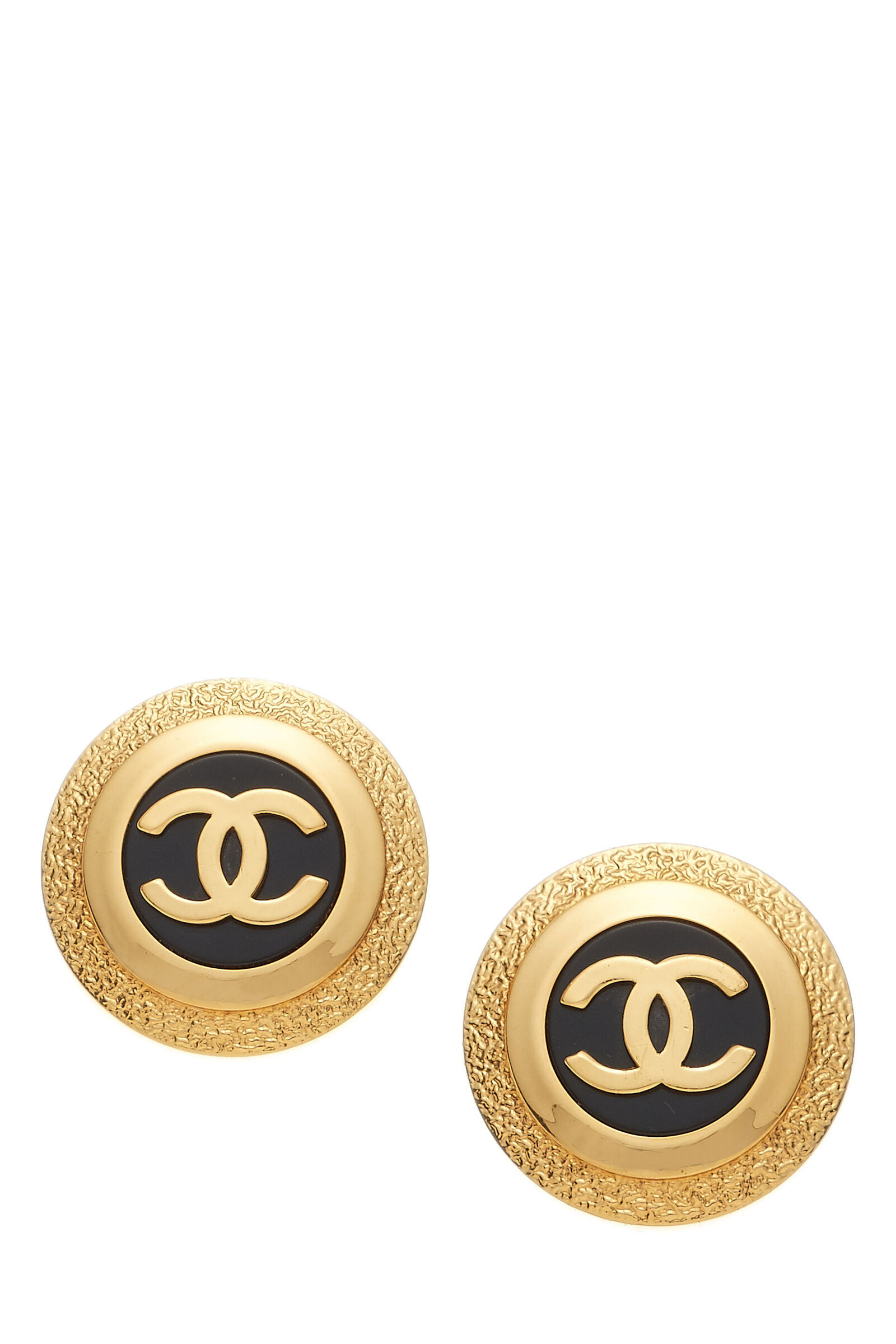 Gold & Black 'CC' Button Earrings Large | What Goes Around Comes Around